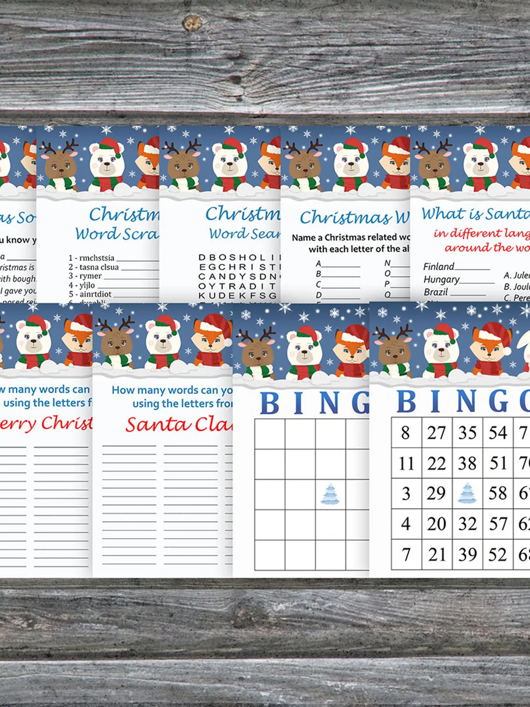Christmas party games bundle,Printable Christmas Party Game Pack,Winter animals Christmas Trivia Game Cards