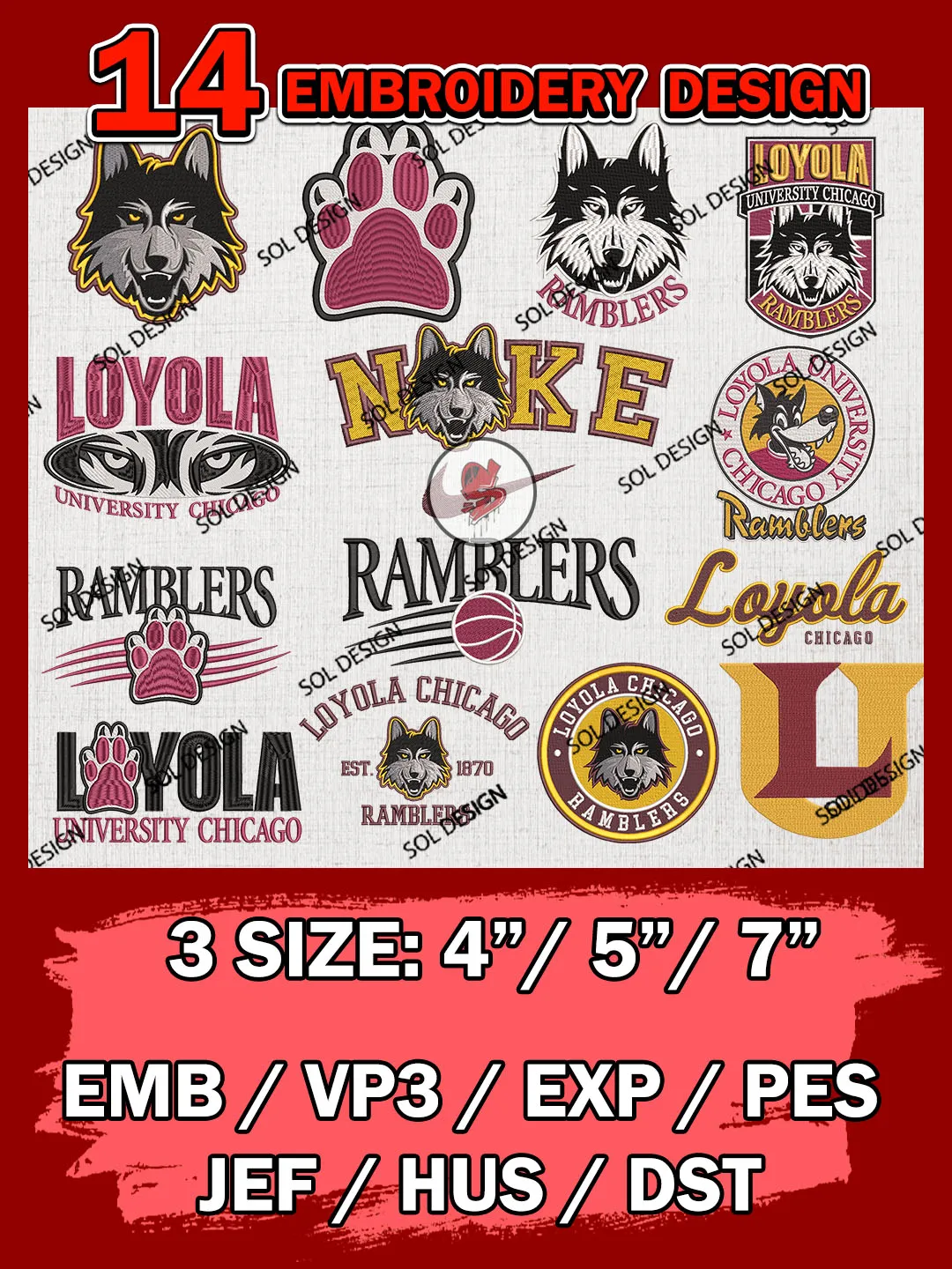 14 NCAA Loyola Chicago Ramblers Bundle Embroidery Files, NCAA Loyola Chicago Ramblers Team Bundle Embroidery Designs, NCAA Teams, National College Football Team 3 sizes, NCAA Loyola Chicago Machine Embroidery, Digital Download