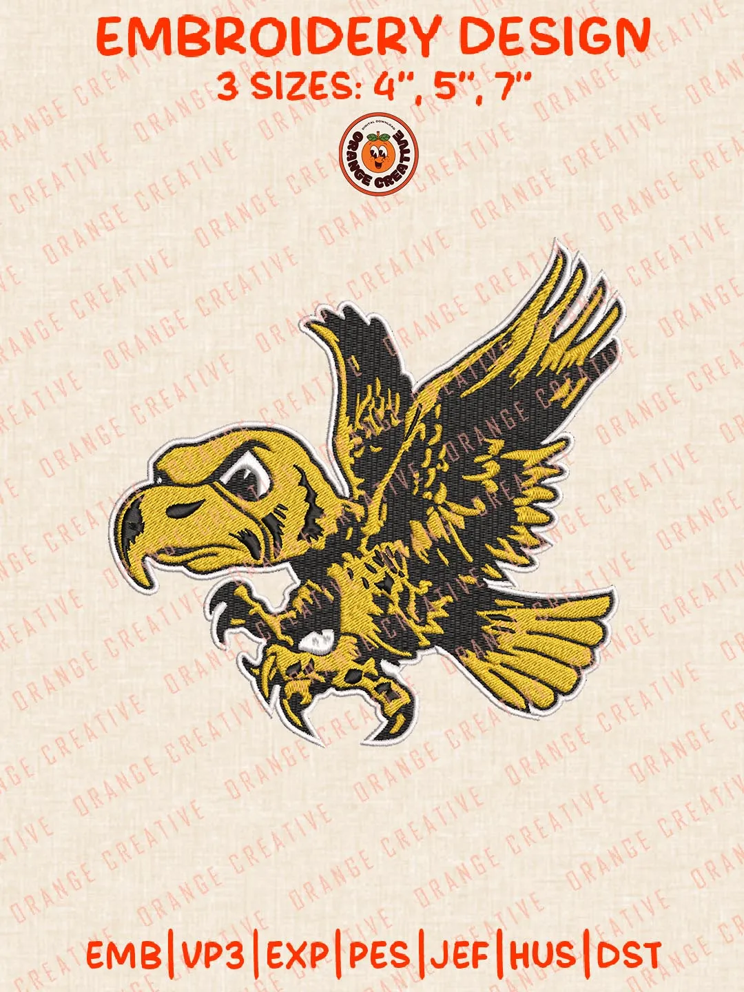 Iowa Hawkeyes Mascot Embroidery Design, NCAA Iowa Hawkeyes Logo Embroidery Design, Machine Embroidery Design File, 4 Sizes, Digital Download