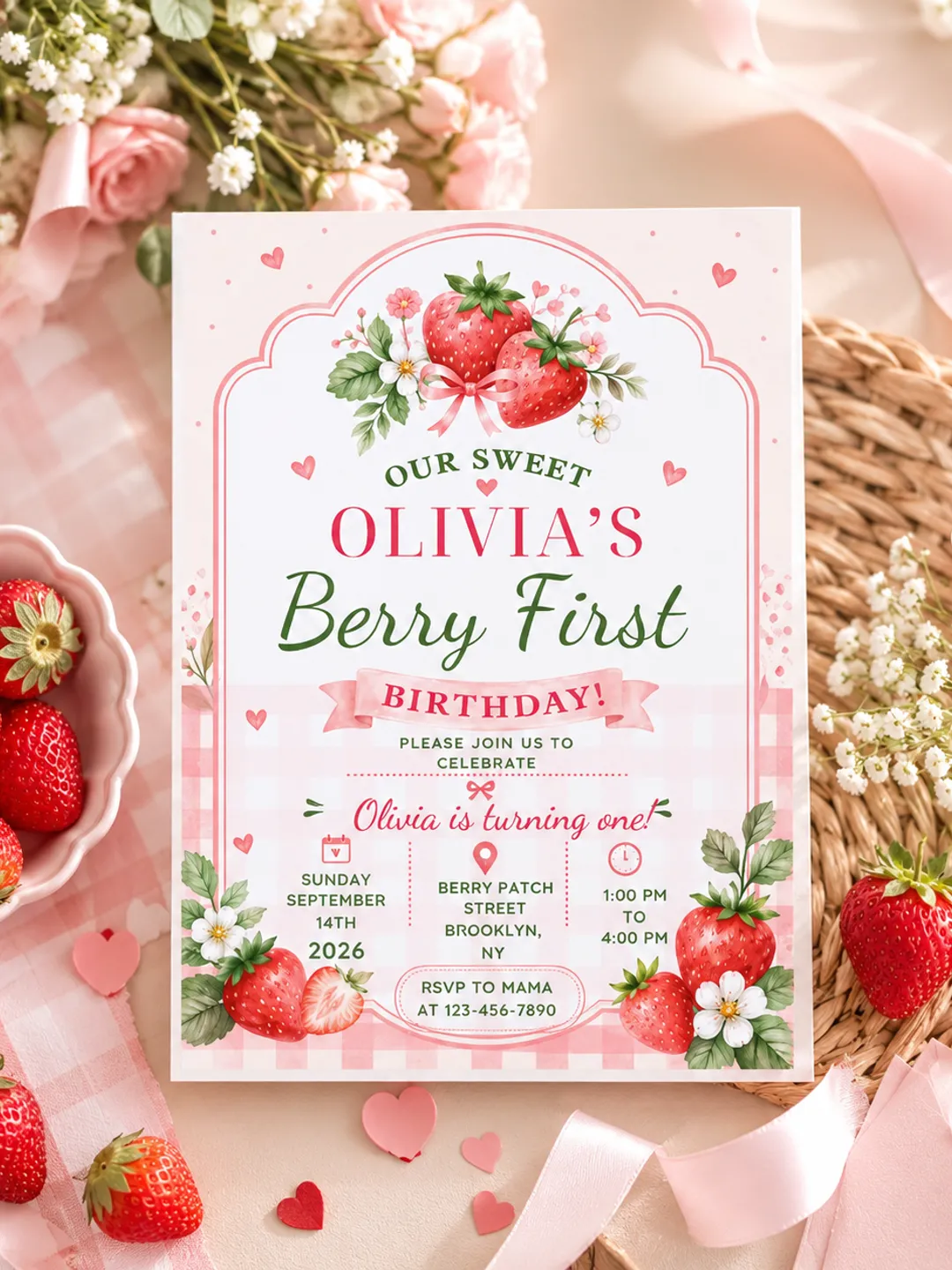 Berry pink Birthday Invitation, Pink Strawberry Birthday Invite, Editable Canva Template, Girl 1st Birthday Party Invitation