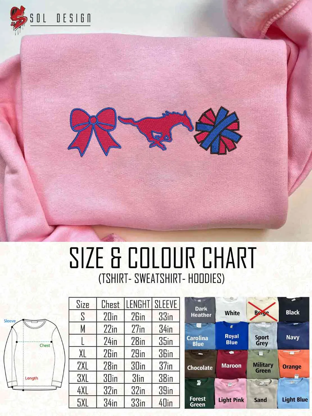 SMU Mustang Cheer Poms Bow Embroidered Sweatshirt, Football Embroidered Sweatshirt, Sport Game Day Cheerleader Shirt, Embroidered Hoodie, Unisex Crewneck, College Football Team Fan Gift Tee