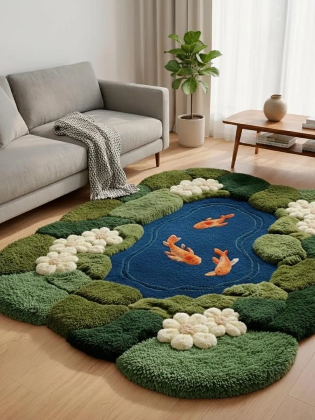 Pond Colors Rug Irregular Koi Pond Fish Green Moss HandTufted Rug Home Decor Living ...