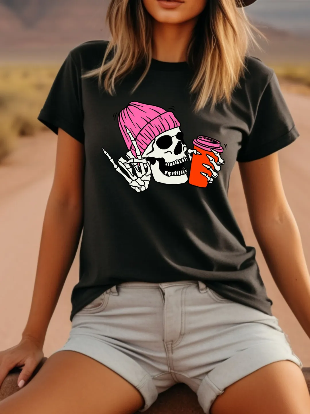 Skeleton Drinking Coffee T-Shirt – Funny Halloween Skull Graphic Tee