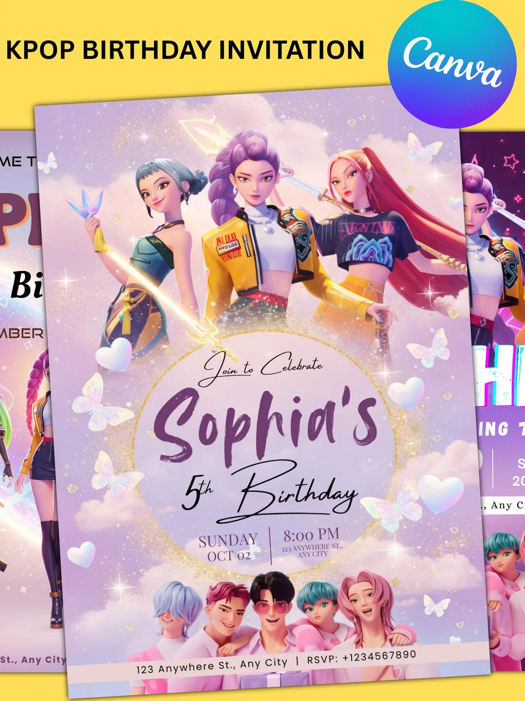 K-POP タレントカード Invitation Editable Canva KPOP Demon Hunters Birthday Invitation Template