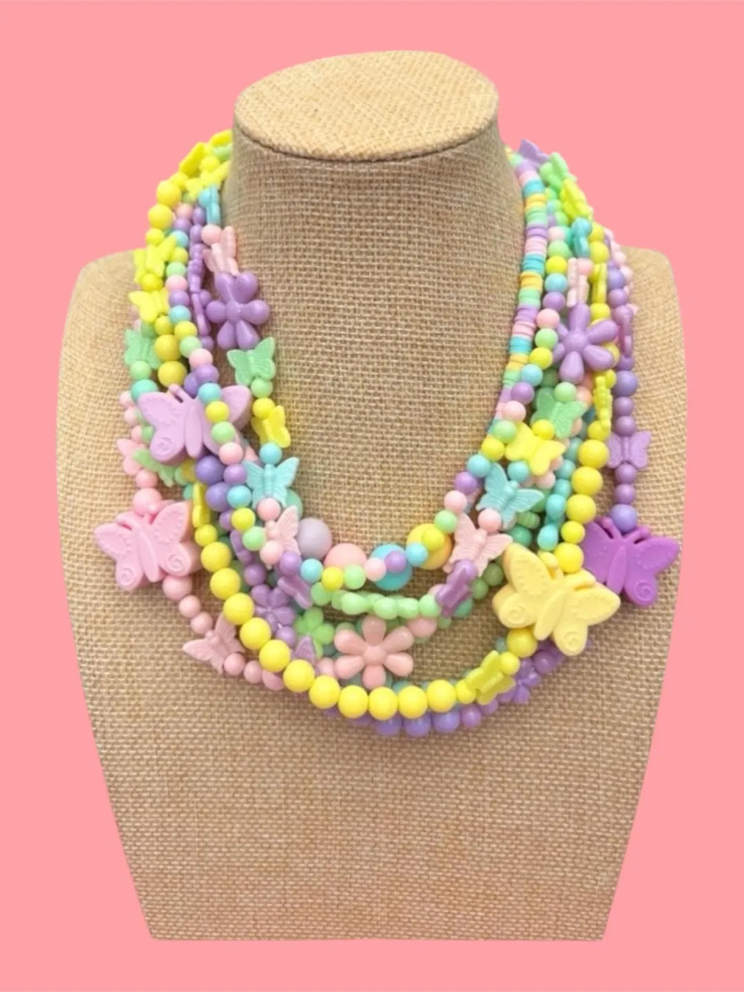 Pastel coloured butterfly & flower beaded multi layer necklace