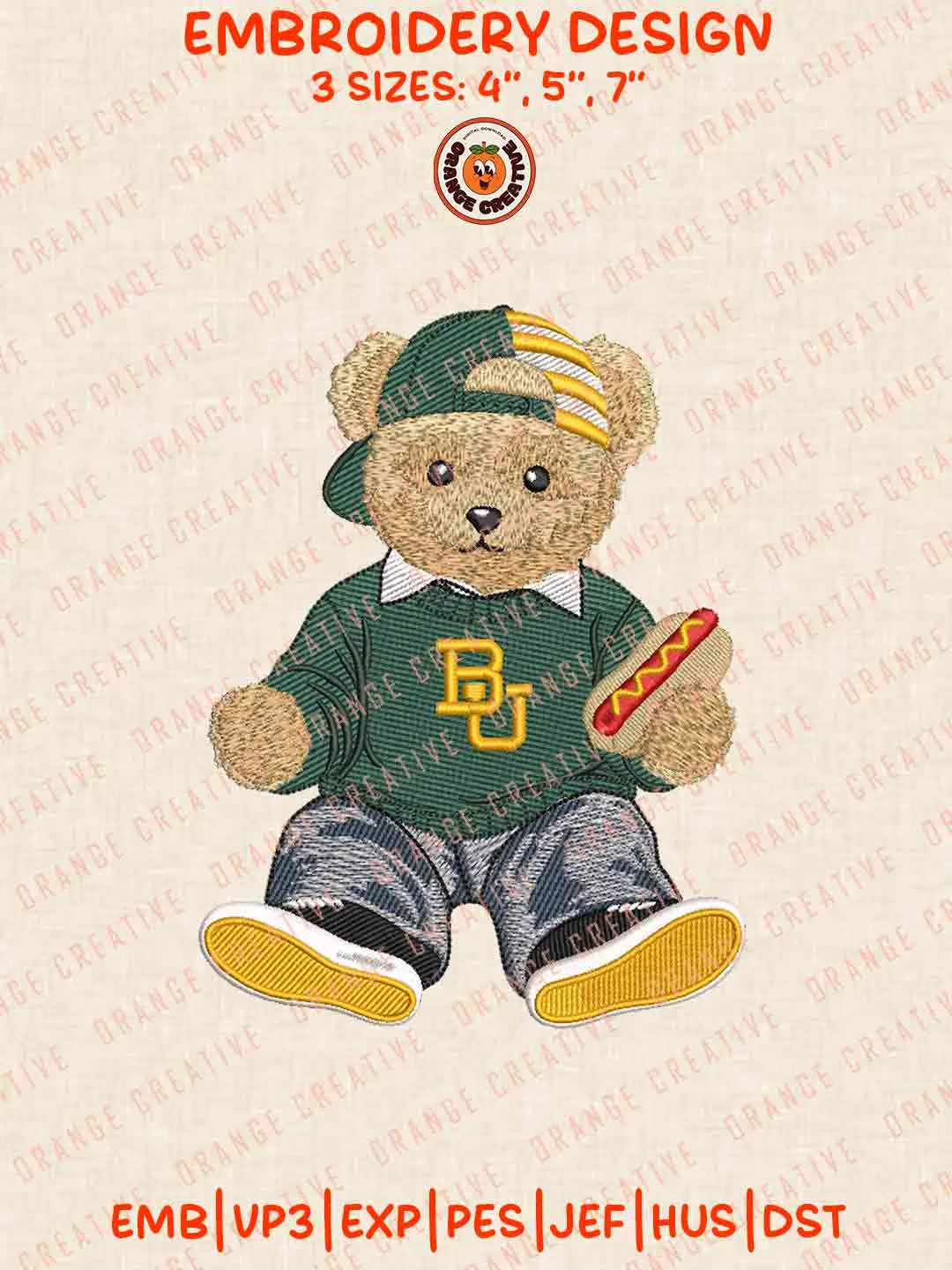 Baylor Bear Teddy Bear Logo Embroidery Design, College Machine Embroidery Digitized Pes File, Football Designs, 3 Sizes, Custom Size, Instant Download