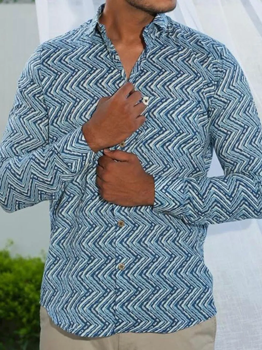 Men's Blue Block Print Shirt | Handmade Indian Cotton Button-Down