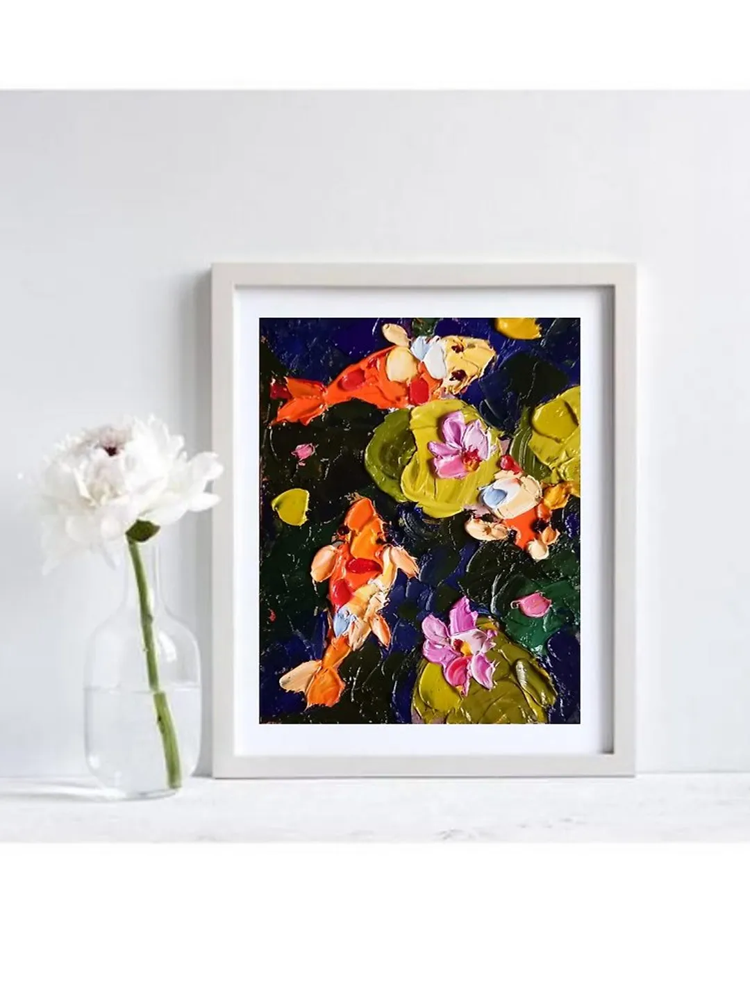 锦鲤 油畫原作 手工油畫 掛畫 油畫 koi Fish Painting Impasto Oil Painting by Verafe