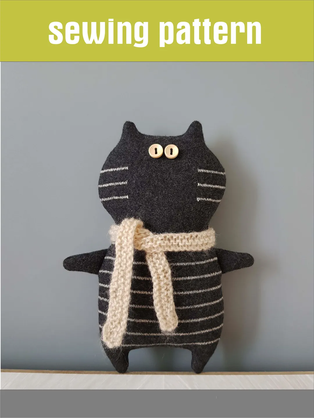 Black CAT sewing pattern PDF, digital tutorial in English, Halloween doll DIY, stuffed animal pattern.