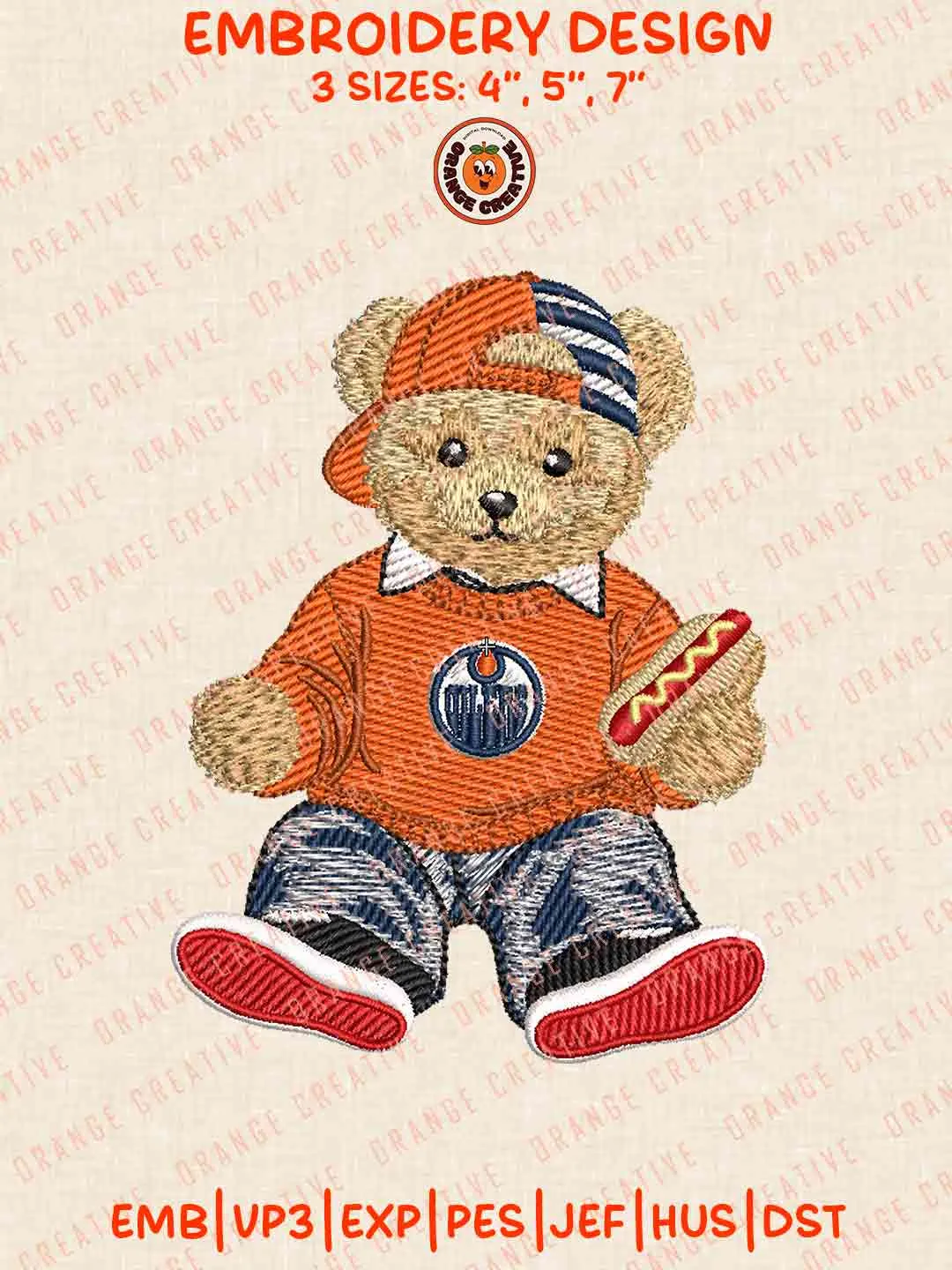 NHL Edmonton Oilers Team Teddy Bear Hot Dog Embroidery Files, Cute Sport Teddy Bear Embroidery Designs, NHL Hockey Team, Edmonton Oilers Designs, Digital Download