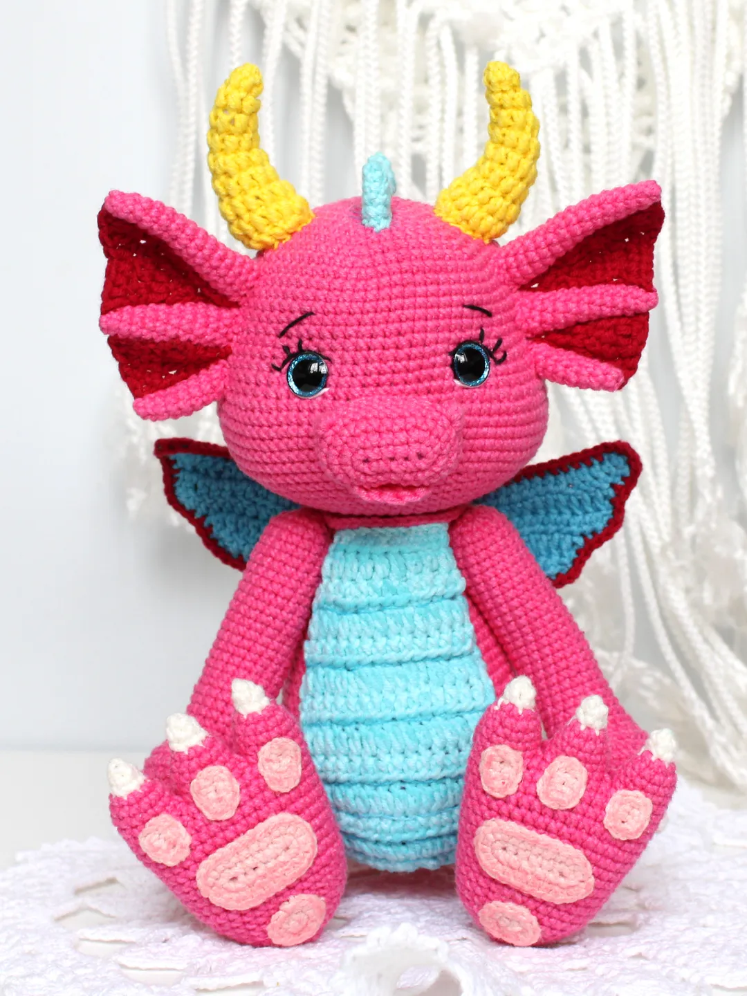 Crochet pattern pink dragon PDF in English Stuffed Dragon DIY Dinosaur amigurumi toy crochet tutorial