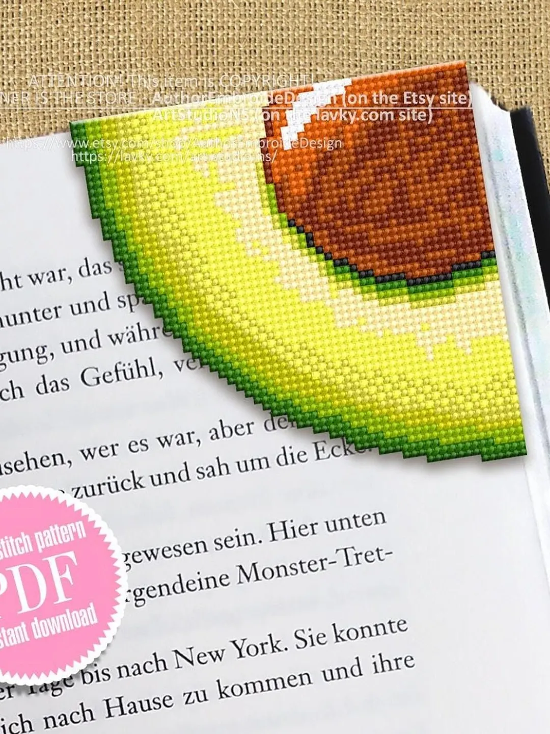 Corner bookmark cross stitch pattern PDF download Avocado cross stitch chart, Tropical Fruit bookmark corner digital PDF Avocado lover #B243