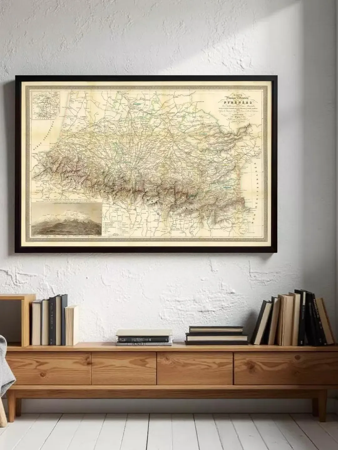 Vintage Pyrenees Map Print | 1851 France Spain Wall Art