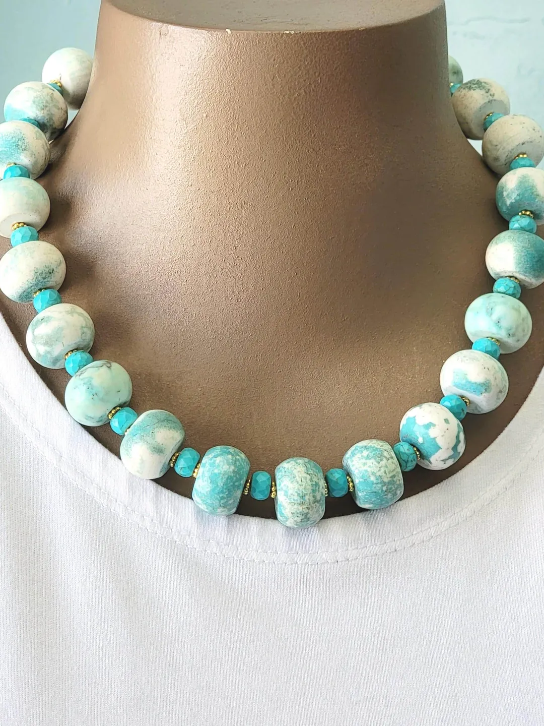 Chunky Natural Turquoise Bead Necklace, Gold Accented, Adjustable Length, Artist Statement 20mm Beads, Blue Boho Summer Fun