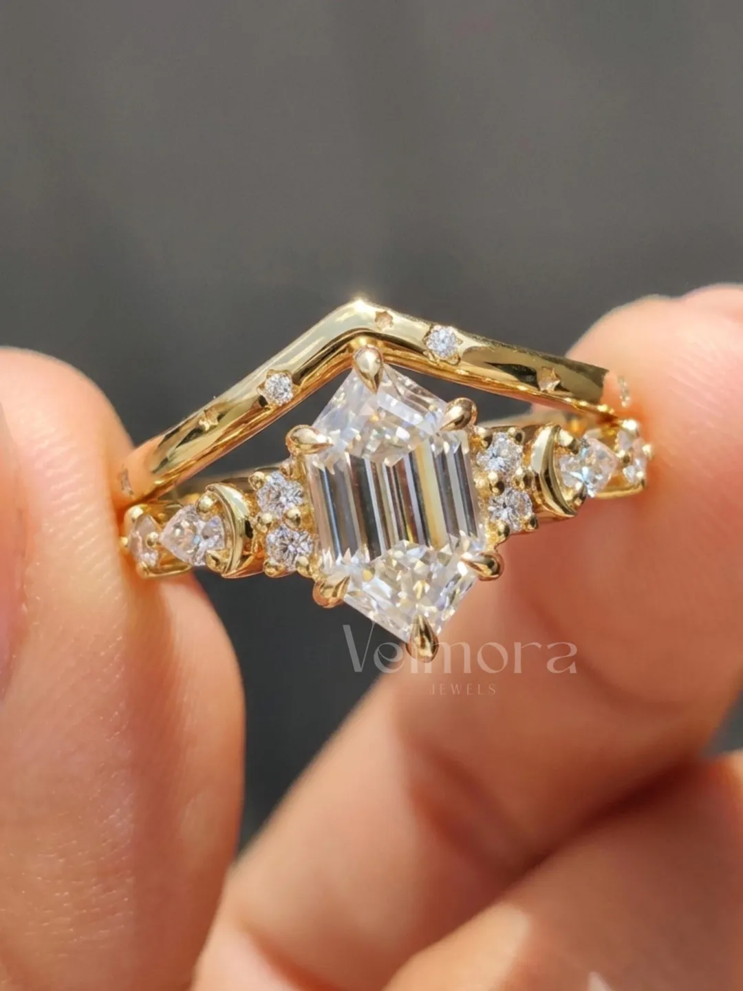 Hexagon Cut Moissanite Engagement Ring, Gold Chevron Wedding Ring, Celestial Inspired Bridal Jewelry