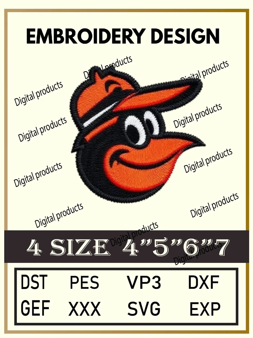 altimore Orioles Embroidery Design Digital Logo Pattern with Cartoon Bird Mascot for Machine Embroidery Projects in Four Sizes with Multiple Compatible Formats Including DST, PES, VP3, DXF, GEF, XXX, SVG, EXP