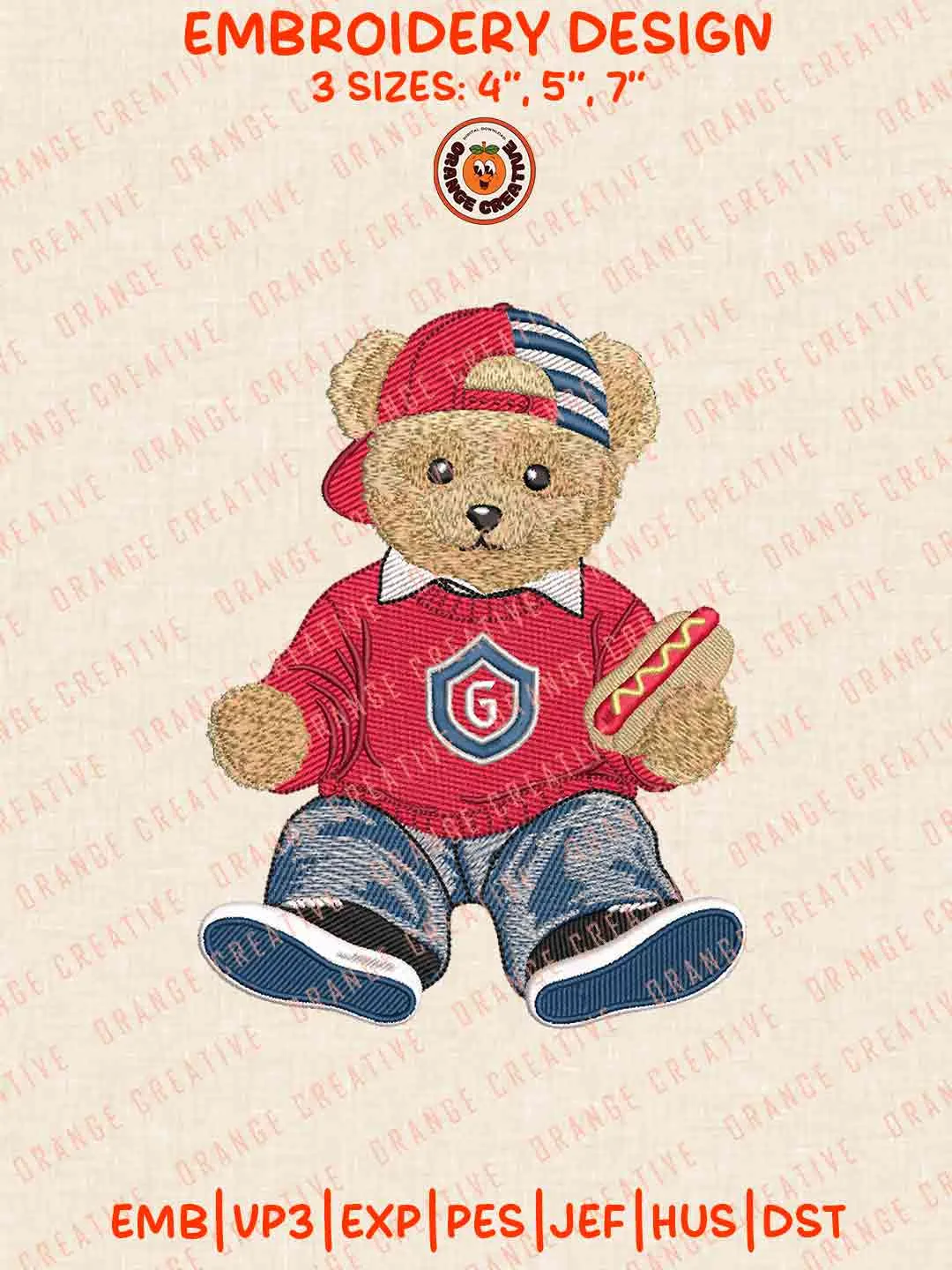 Saint Marys Gael Bear With Hot Dog Embroidery Design Files, Football Embroidery Designs, Sport Machine Embroidery Files, 3 Sizes, Custom Sizes, Instant Download
