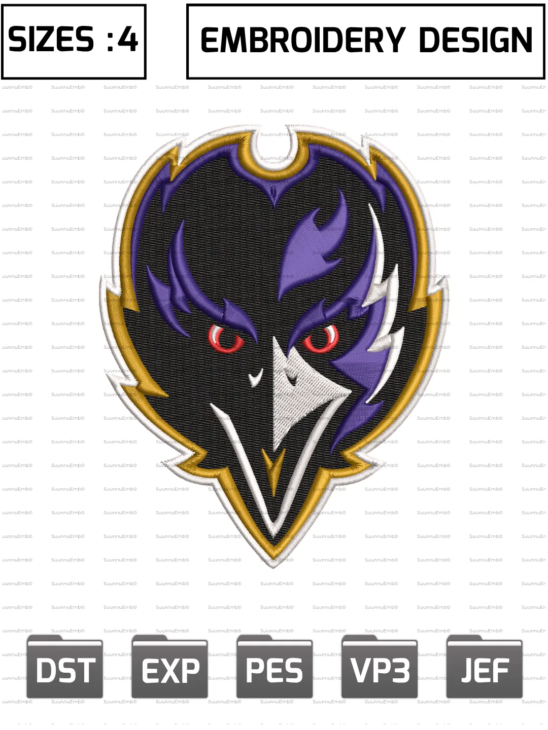 Baltimore Ravens Logo Embroidery Design,NFL Logos Embroidery Design,NFL Teams, Machine Embroidery Design File,4 Sizes, Digital Download