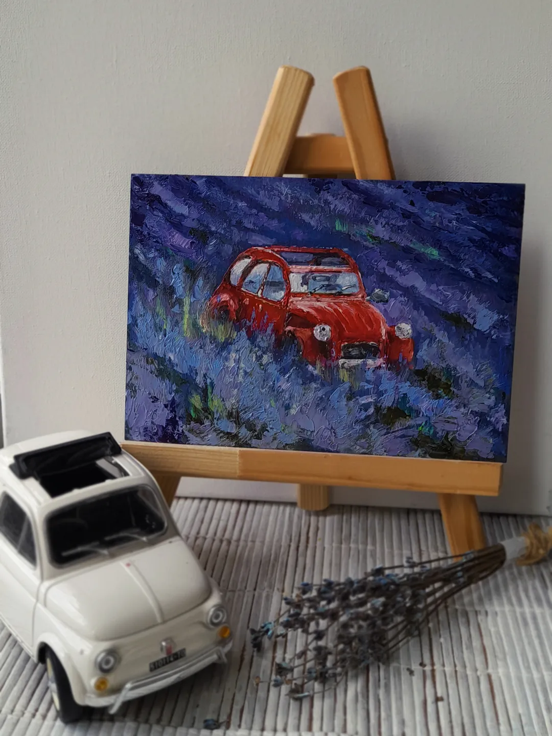 oil painting Landscape with a red car in a lavender field 21x15 cm (8.28 х 6 inches)