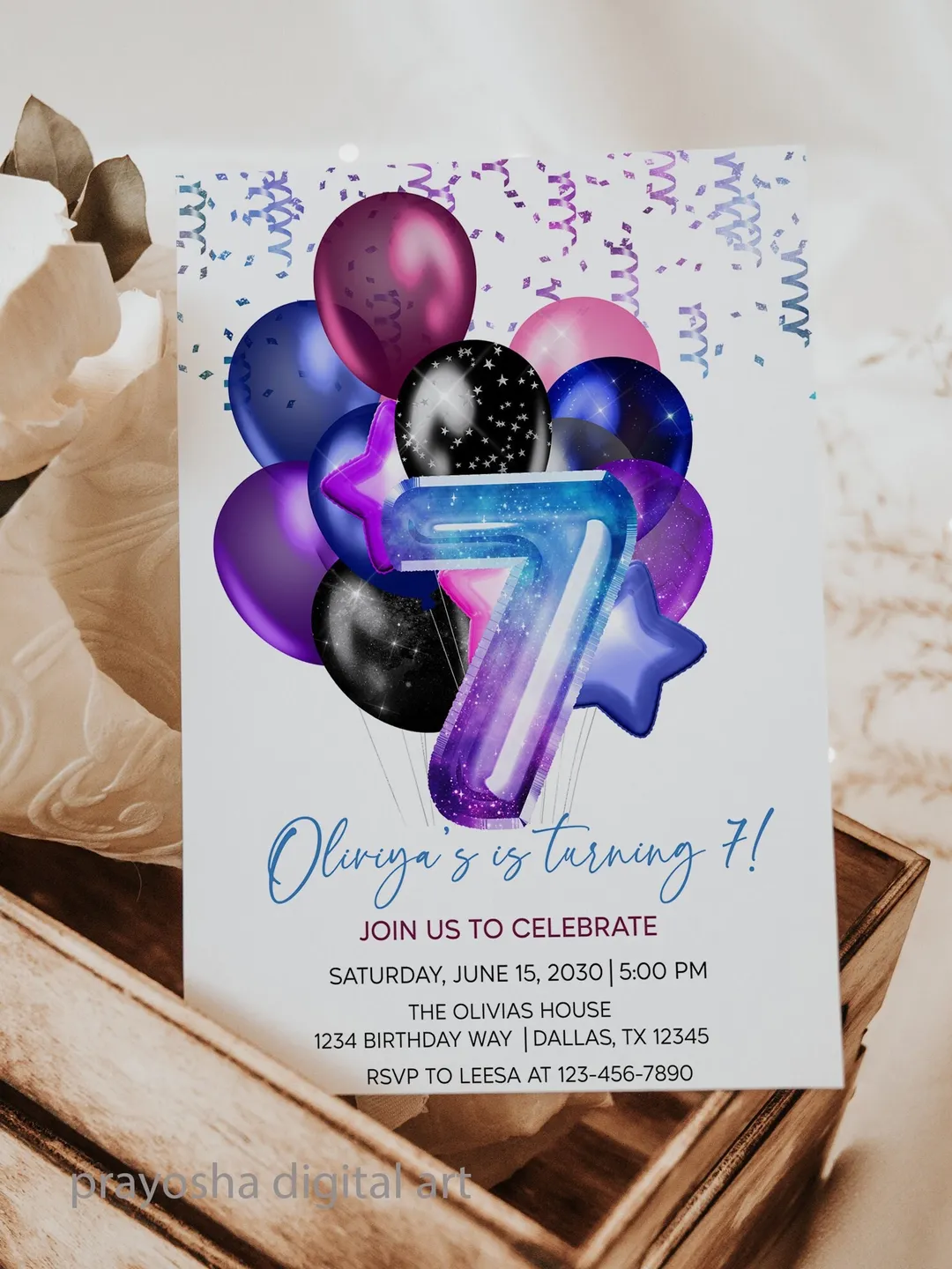 Purple Balloons 7th Birthday Invitation, Editable Template (Digital Download)