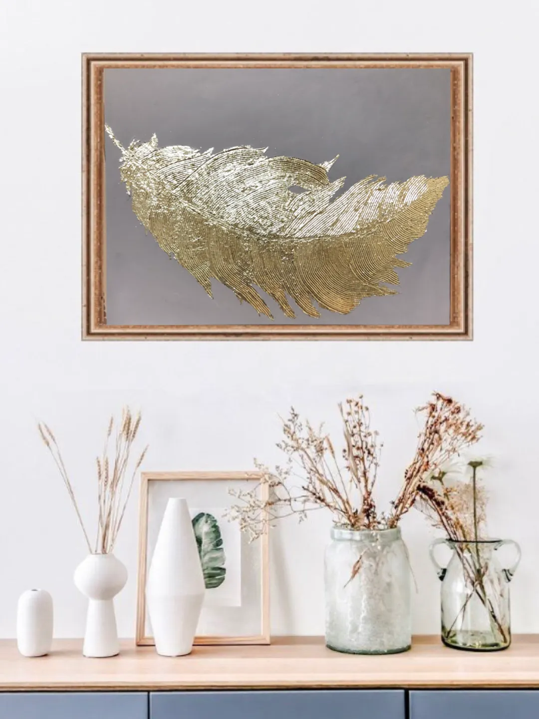 Golden feather interior wall art original acrylic art kitchen painting 12 by 15 inches