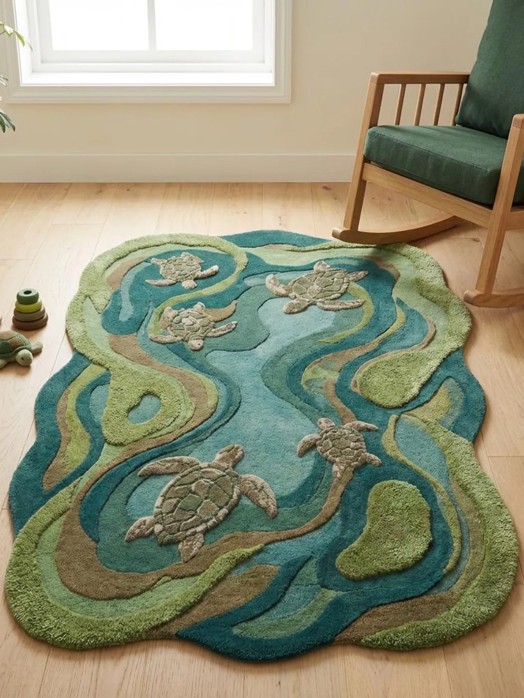 Hand Tufted Turtle Rug, Coastal Kids Room Wool Area Rug, Organic Ocean ...
