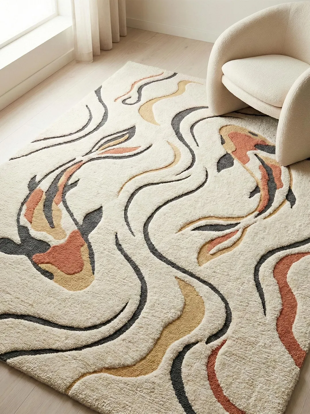 Hand Tufted Koi Fish Wool Rug, Modern Ivory Living Room Area Carpet