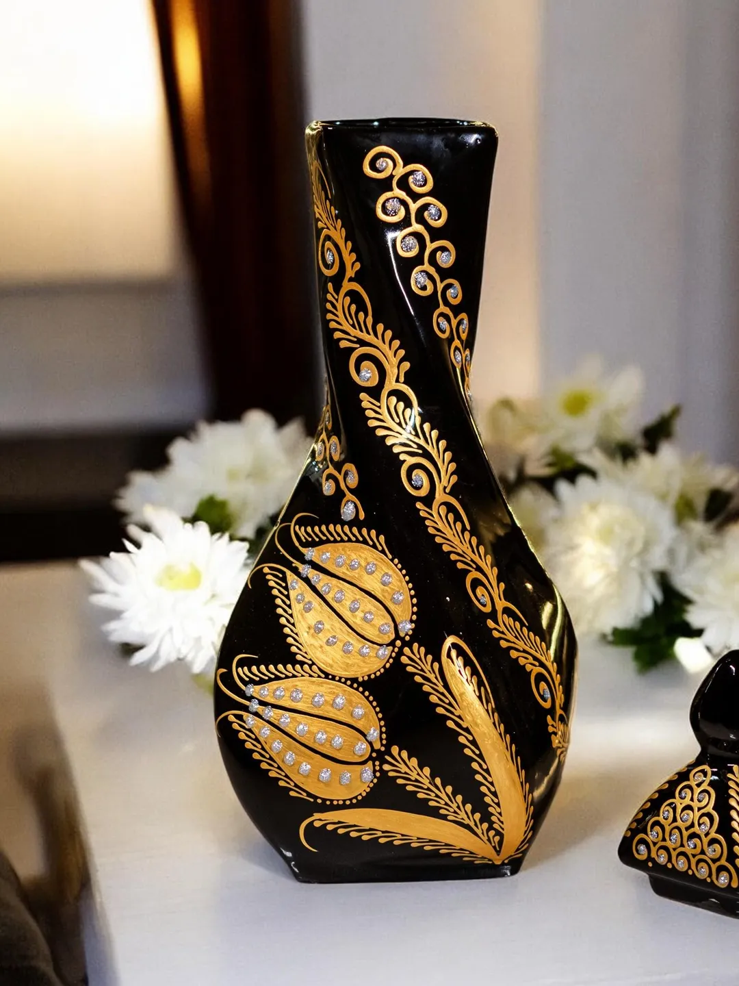 Handpainted Black and Gold Tall Vase For Flowers, 30 cm  Handpainted Ceramic Vase, Home Decor, Ceramic Home Decor Plant Holder