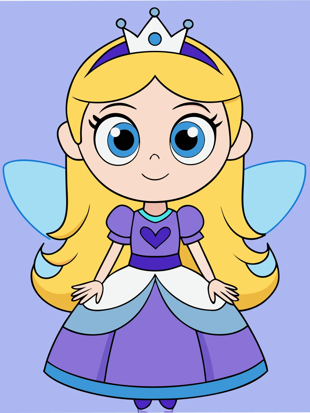 fairy, princess, chibi, cartoon, blonde hair, blue eyes, tiara, crown,  wings, purple dress, heart, cute, digital art, illustration, character  design, fantasy, magical, girl, royalty, blonde, kids art, adorable, vector  style, storybook, whimsical,