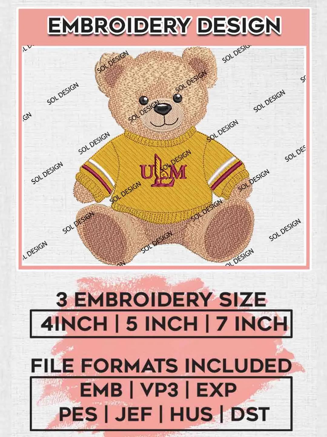UL Monroe Warhawk Teddy Bear Embroidery Design, Football Embroidery files, Sport Machine embroidery files, 3 sizes, Instant Download
