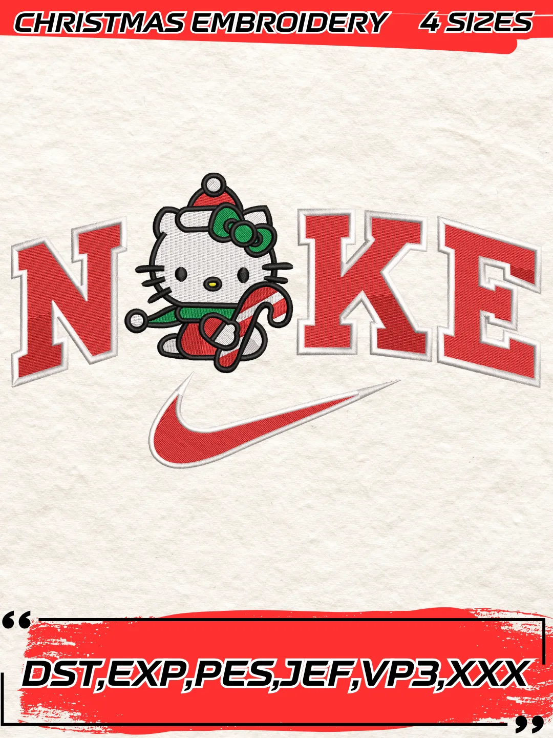 Swoosh Hello Kitty Candy Christmas Embroidery Design,Christmas Embroidery Design,4 Sizes,Digital Download