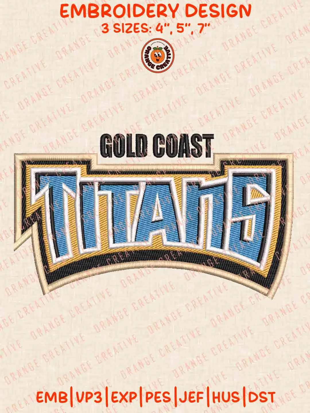 Gold Coast Titans Text Logos Embroidery Design, NRL Rugby Team Machine Embroidery Digitized Pes File, 4 Sizes, Custom Size, Instant Download