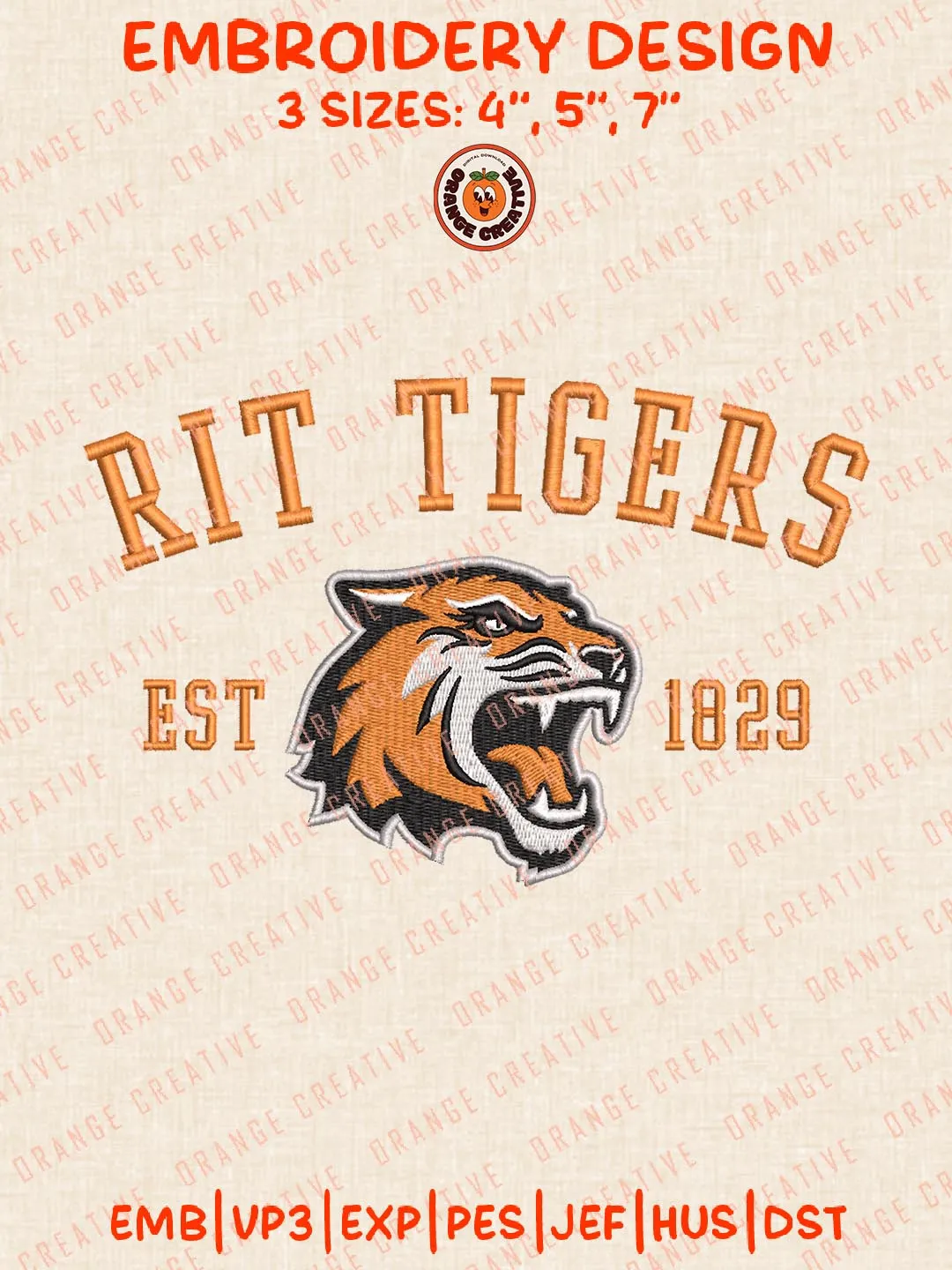RIT Tigers Est 1829 Embroidery Design, NCAA Team Logo Embroidery Design, Machine Embroidery Design File, 4 Sizes, Custom Size, Digital Download