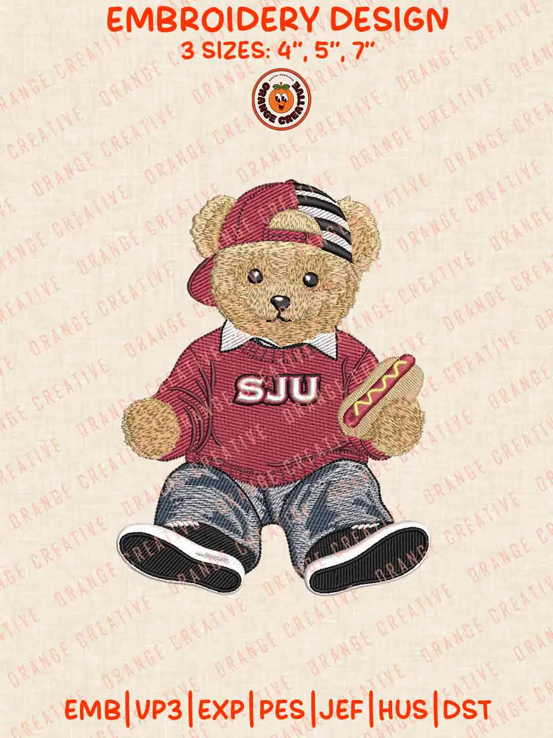 Saint Josephs Hawk Teddy Bear Logo Embroidery Design, College Machine Embroidery Digitized Pes File, Football Designs, 3 Sizes, Custom Size, Instant Download