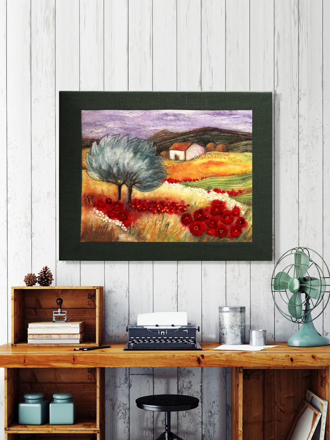 Textille wall art,Farmhouse decor, landscape painting wool, Hand Embroidery