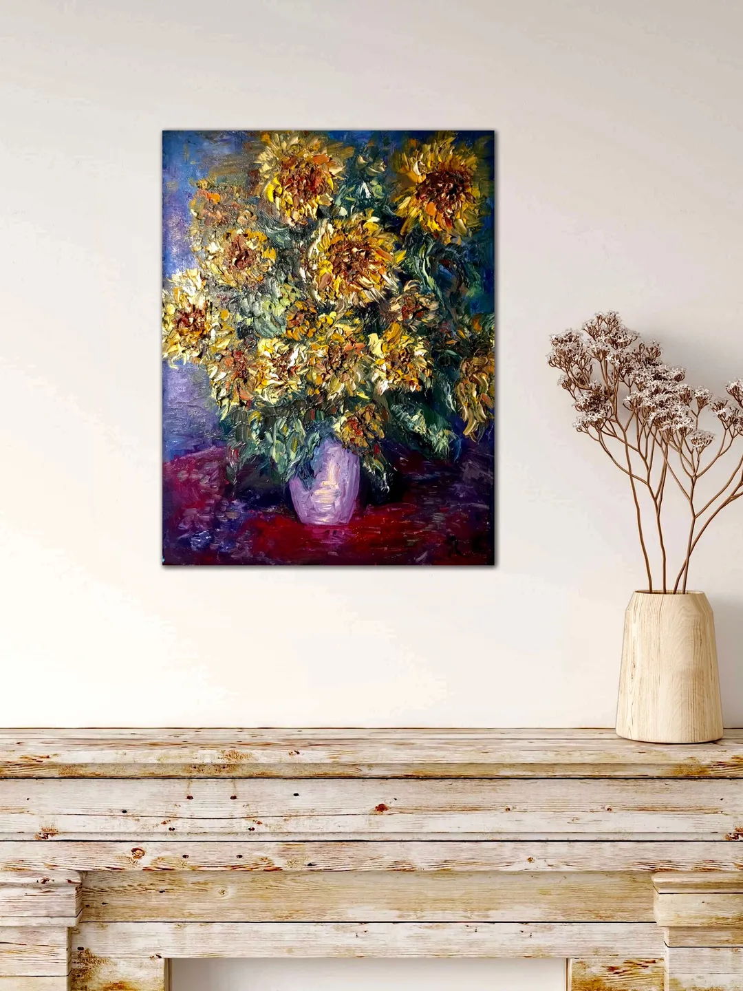 Sunflowers in a vase original impasto textured oil painting on 3 d ...