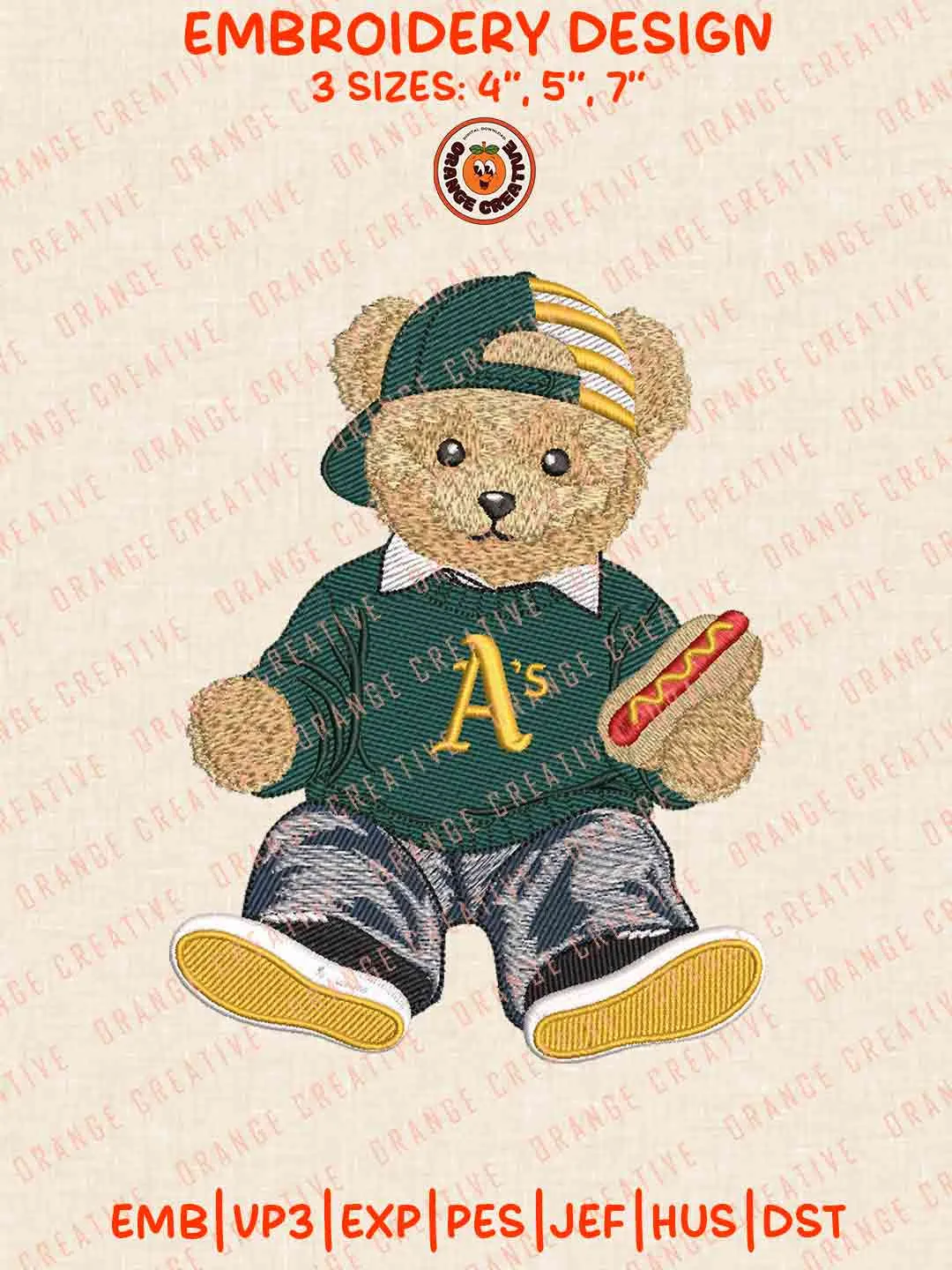 MLB Oakland Athletics Teddy Bear Hot Dog Embroidery Files, MLB Athletics Embroidery Design, Machine Embroidery Design File, 4 Sizes, Custom Size, Digital Download