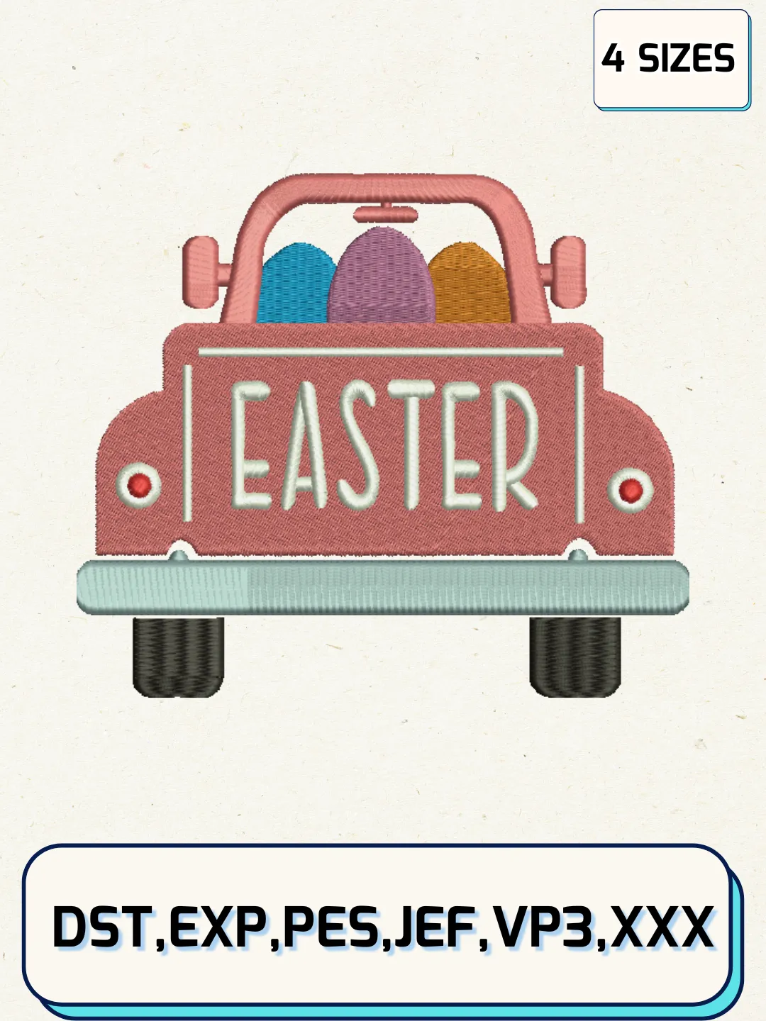 Easter Car Embroidery Design Files, Easter Day Logos Embroidery Designs, Machine Embroidery Files, 4 Sizes