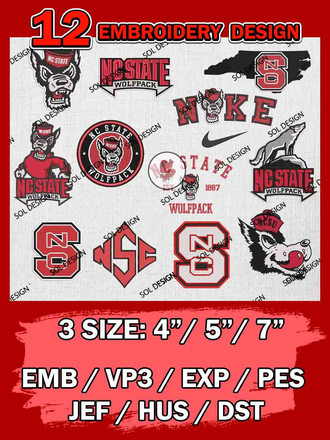 12 NCAA NC State Wolfpack Bundle Embroidery Files, NCAA NC State Wolfpack Team Bundle Embroidery Designs, NCAA Teams, National College Football Team 3 sizes, NCAA NC State Machine Embroidery, Digital Download