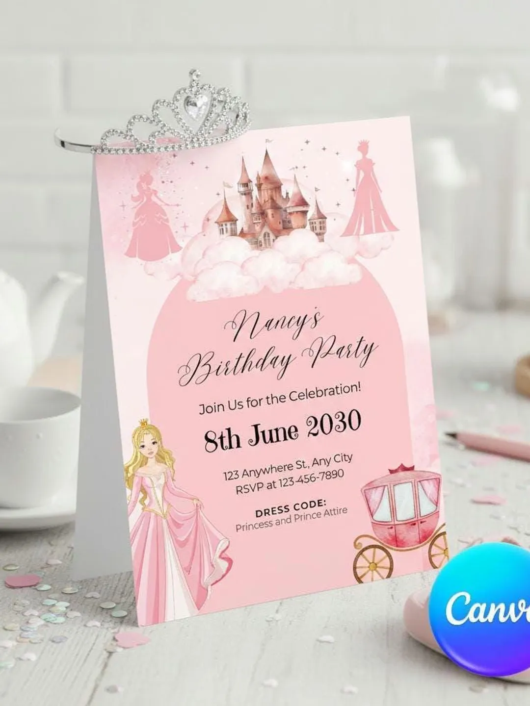 princess dress invitation template Coquette Princess Birthday Invitation, Pink Bow, Girly Template (Canva  Editable, Instant Download)