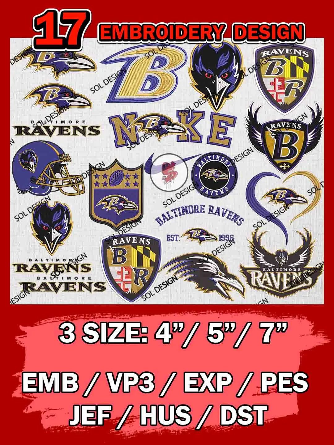NFL Baltimore Ravens Bundle Embroidery Files, NFL Baltimore Ravens Team Embroidery, NFL Teams, National Football League 3 sizes, NFL Ravens Football Machine embroidery designs, Digital Download