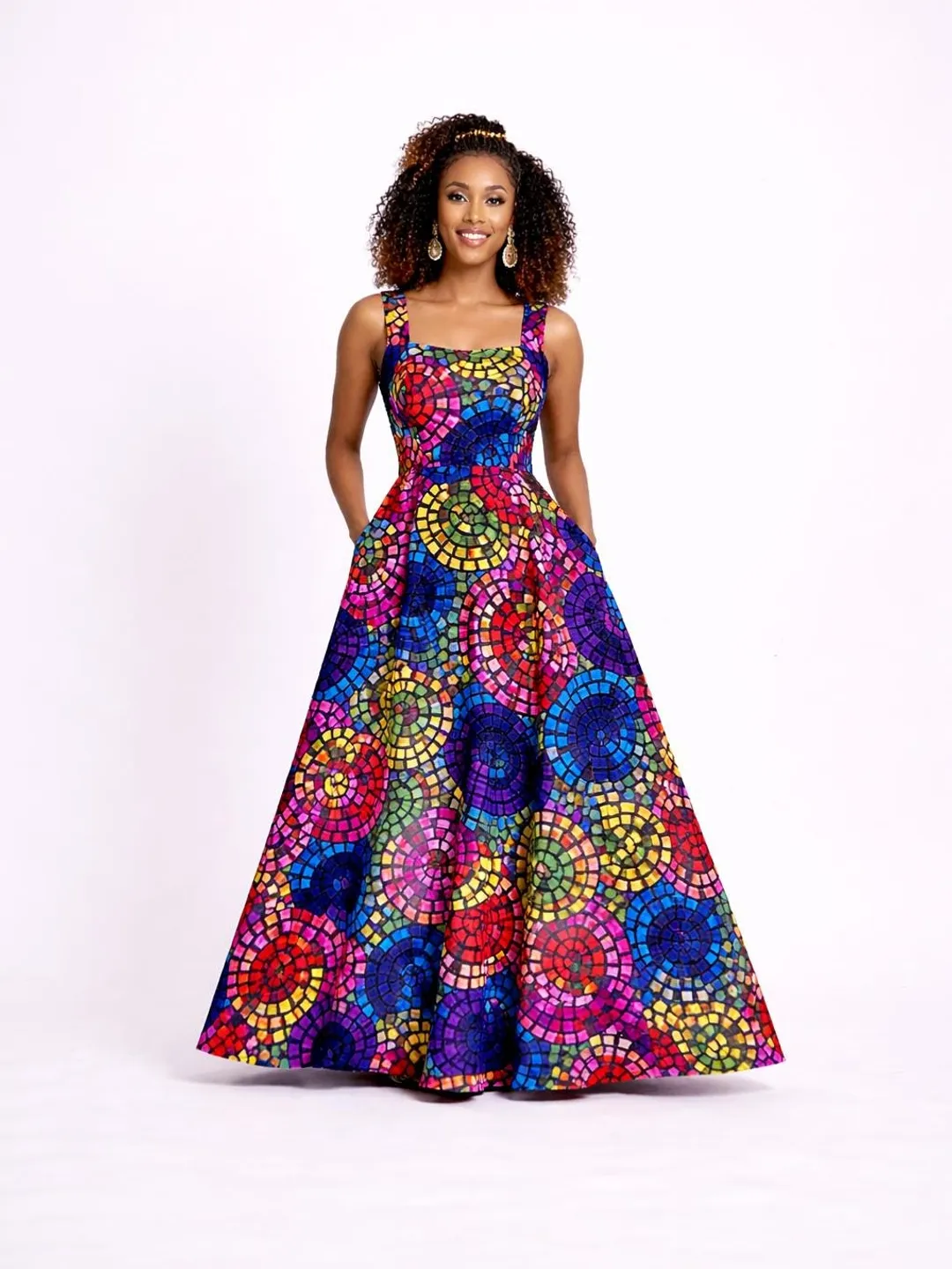 formal dashiki dress Printed Flare Maxi Statement Multicolour Rainbow Abstract Circle Dress Costumisable Size Print Lenght floor-length
