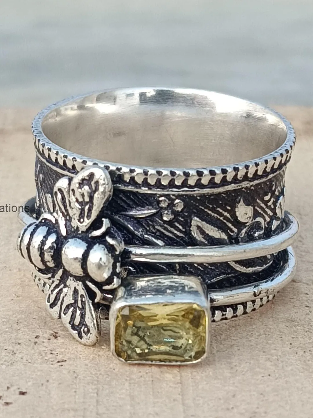 Popular Honey Bee Gifts Ring, Handmade Gifts Jewelry Gifts Ring, 925 Sterling Silver Ring, Meditation & Band Ring, Citrine Gemstone Ring,