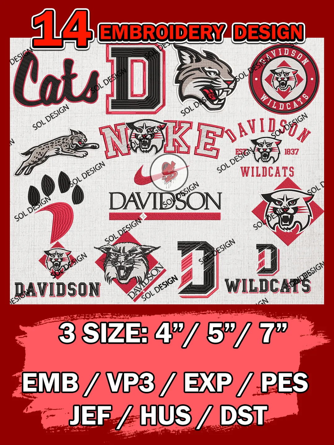 14 NCAA Davidson Wildcats Bundle Embroidery Files, NCAA Davidson Wildcats Team Bundle Embroidery Designs, NCAA Teams, National College Football Team 3 sizes, NCAA Davidson Machine Embroidery, Digital Download