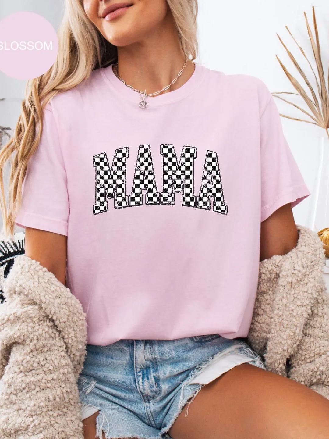 Comfort Colors® Checkered Mama Shirt, Mother's Day Gift, Gift for New Mom, Retro Mom Tee, Vintage Oversized Mama Tshirt, Varsity Mom Shirt