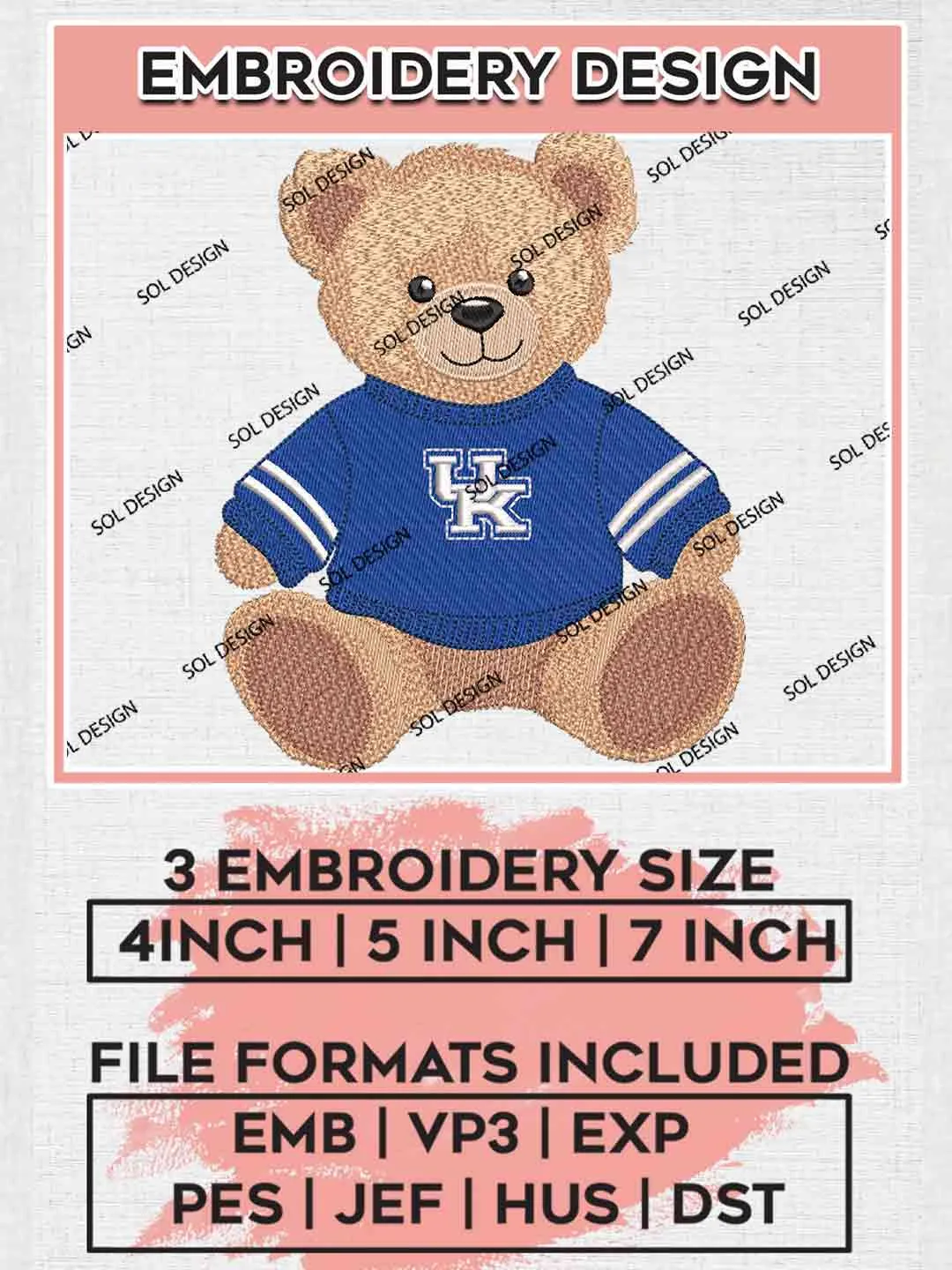 Kentucky Wildcat Teddy Bear Embroidery Design, Football Embroidery files, Sport Machine embroidery files, 3 sizes, Instant Download