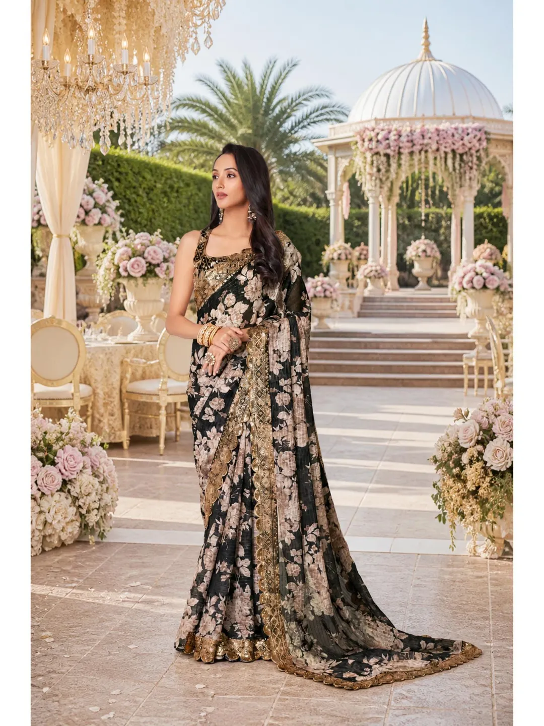 Black Georgette Saree For Women: Sequins Embroidery, Indian Wedding Wear, Readymade