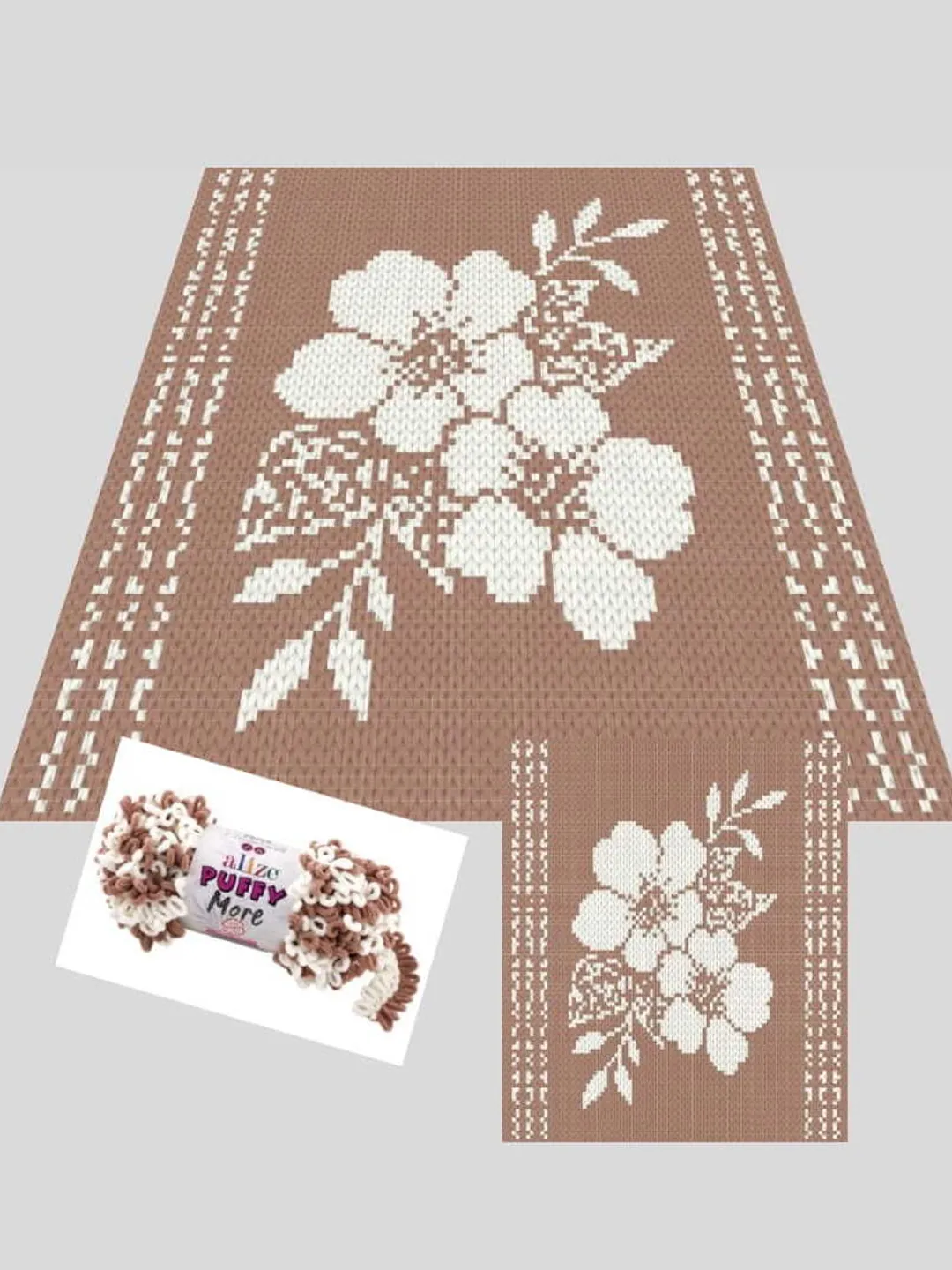 Loop yarn Finger knitted Sakura Flowers blanket pattern