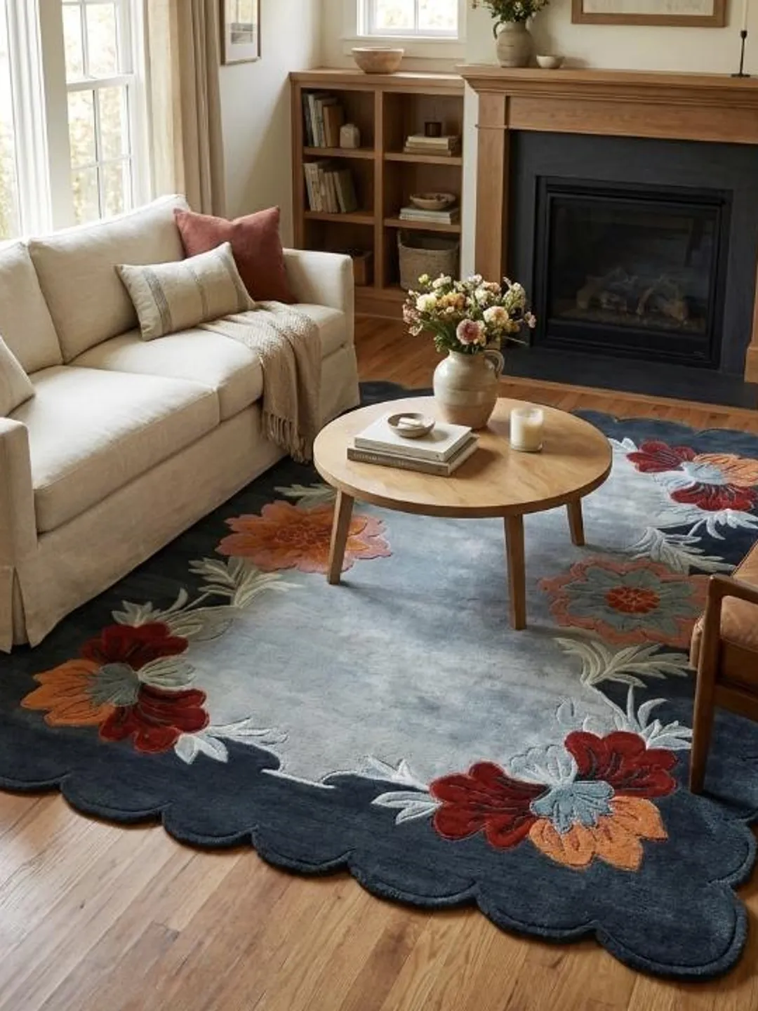 Hand-Tufted Wool Rug, Scalloped Floral Carpet, Botanical Decor
