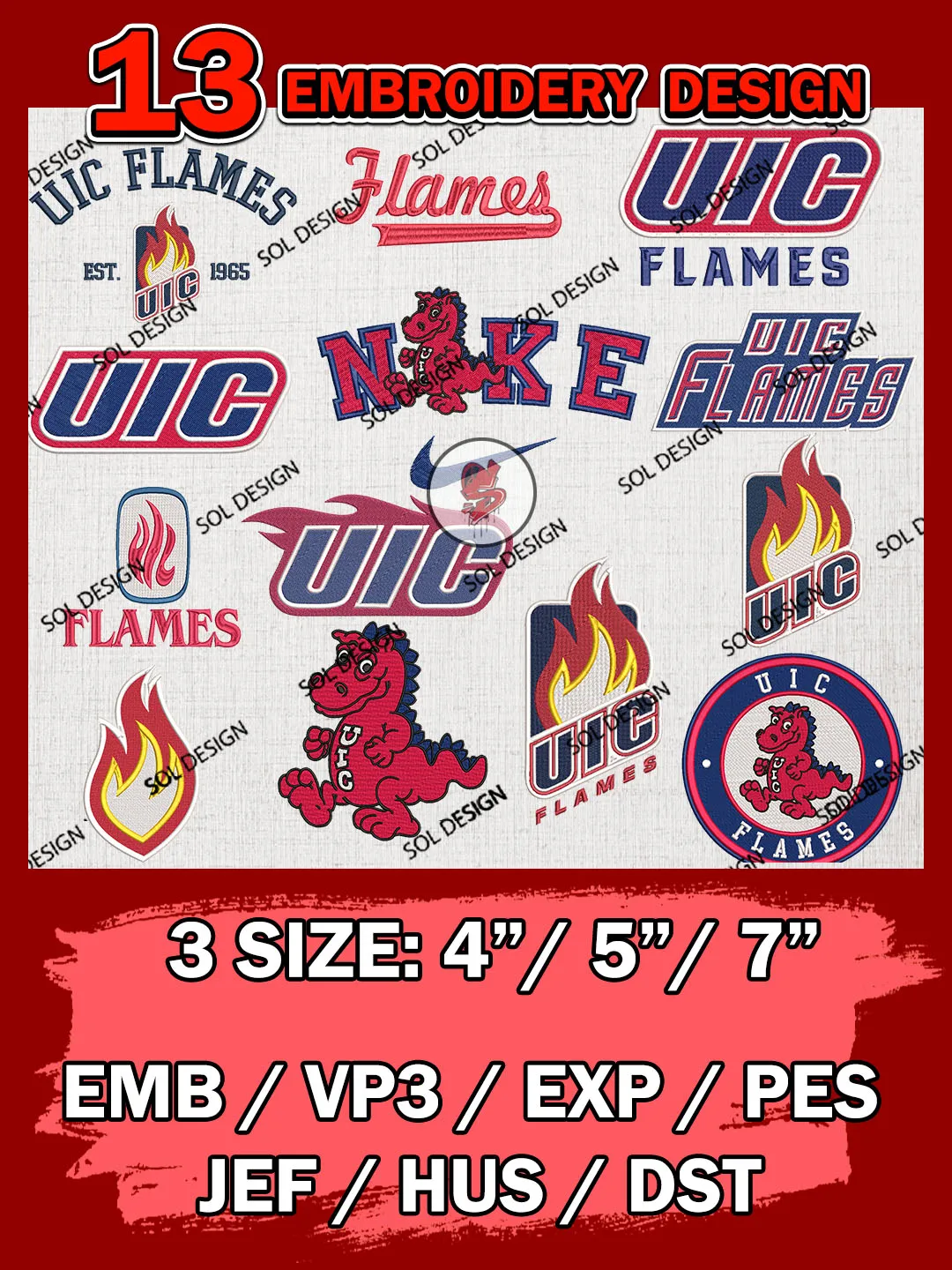 13 NCAA UIC Flames Bundle Embroidery Files, NCAA UIC Flames Team Bundle Embroidery Designs, NCAA Teams, National College Football Team 3 sizes, NCAA UIC Machine Embroidery, Digital Download